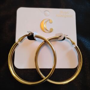 NWT C RSVP Charming Charlie Large Gold Tube Hoop Earrings Hypoallergenic